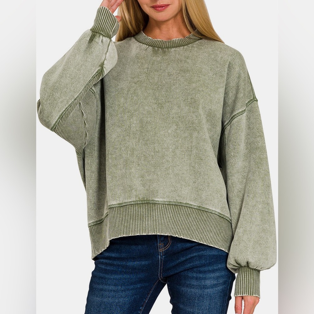 NEW Zenana 90s Olive Green Acid Wash Oversized Crewneck Sweatshirt - Picture 1 of 3